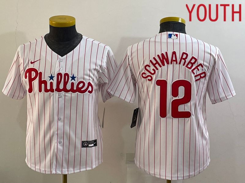 Youth Philadelphia Phillies 12 Schwarber White Stripe Game Nike 2022 MLB Jersey